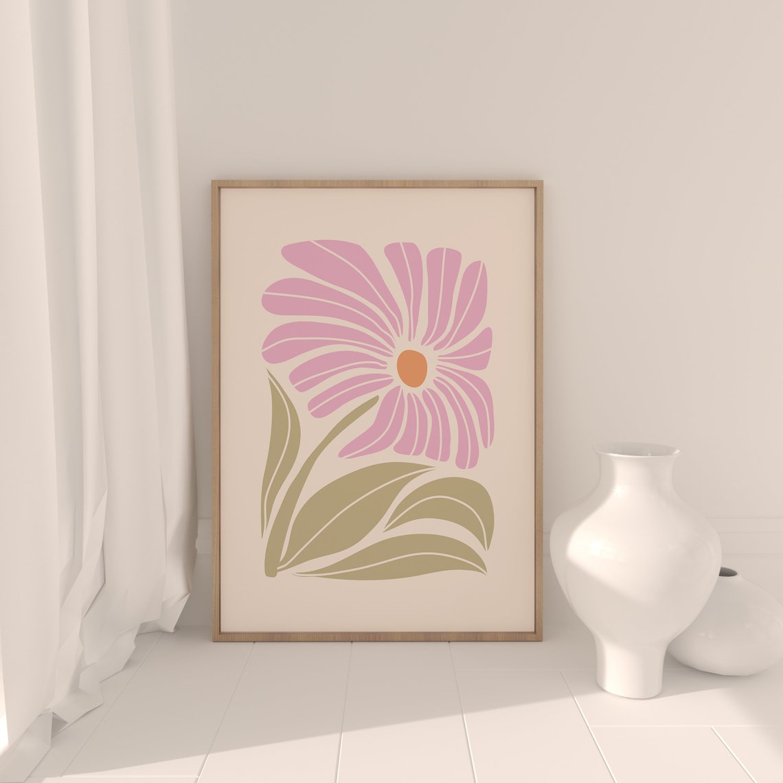 Pink Daisy With Orange Center On Cream Sage Leaves Floral Poster - Image 3