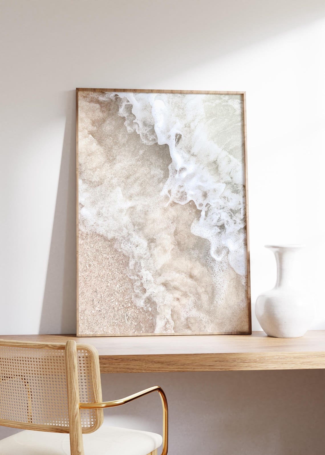Neutral Ocean Waves Cream Foam Washing Over Beige Sand Coastal Poster - Image 2