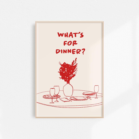 Red Whats For Dinner Retro Kitchen Table Setting Sketch Wall Art