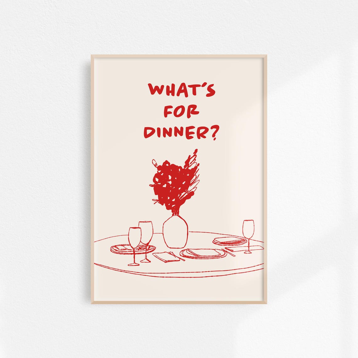 Red Whats For Dinner Retro Kitchen Table Setting Sketch Wall Art