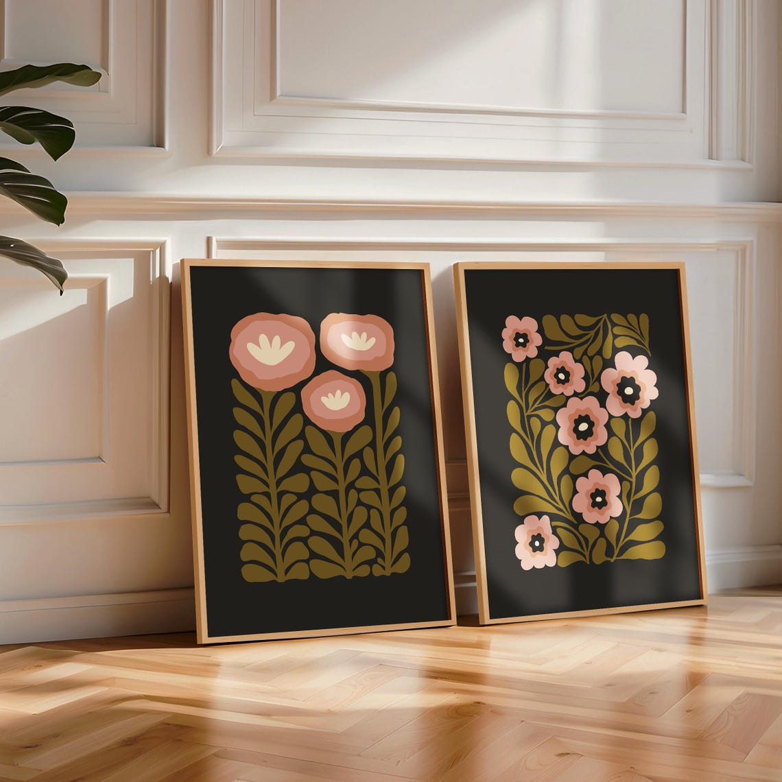 Pink Blossom Floral Pattern Charcoal Black Background Art Poster - Image 6