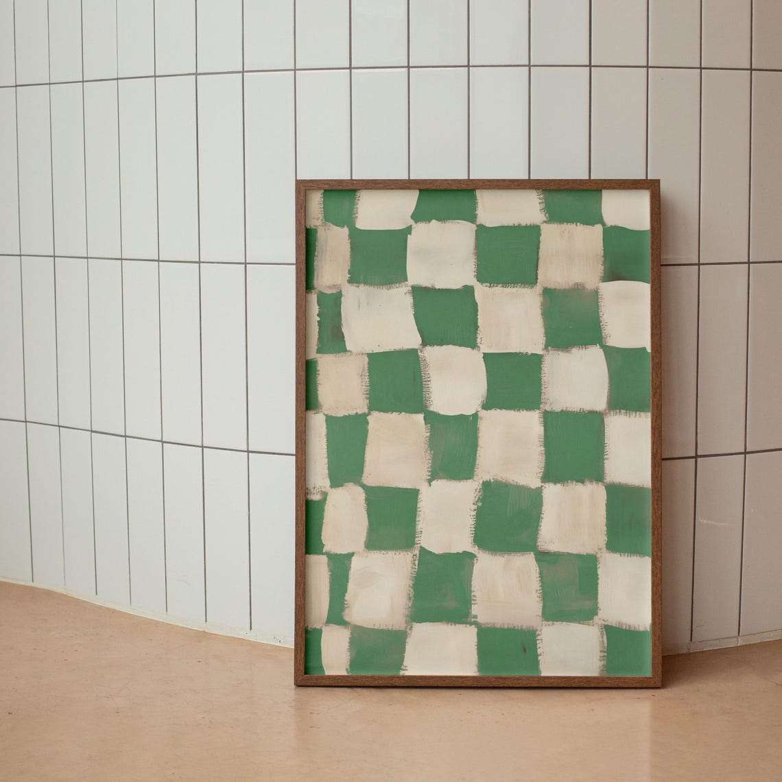 Hand Painted Green White Checkered Modern Abstract Art Poster - Image 3