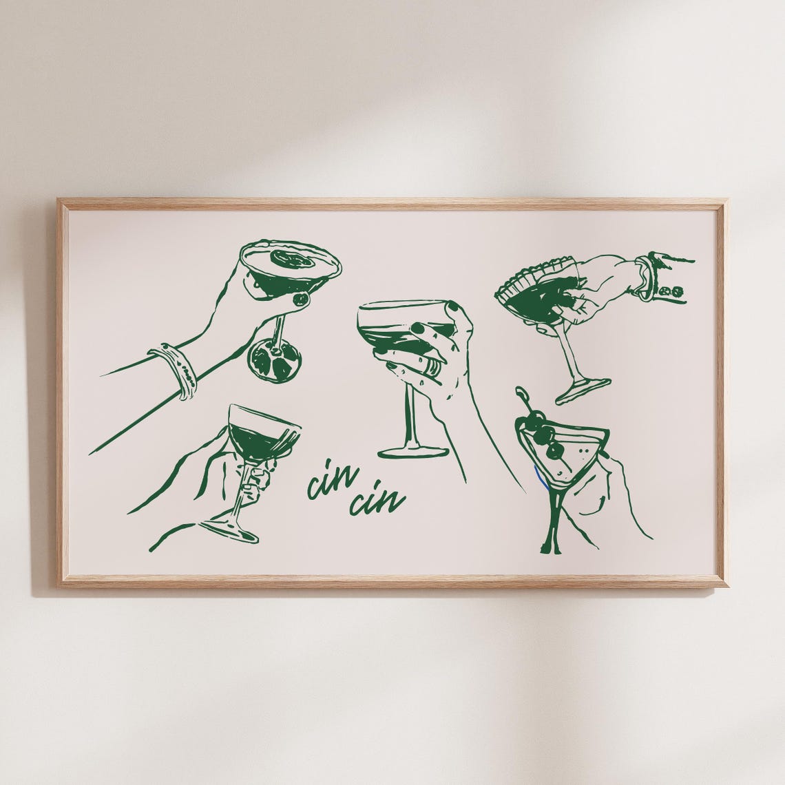 Green Line Art Cocktail Toast Cin Cin Bar Cart Cheers Decor Poster - Image 3
