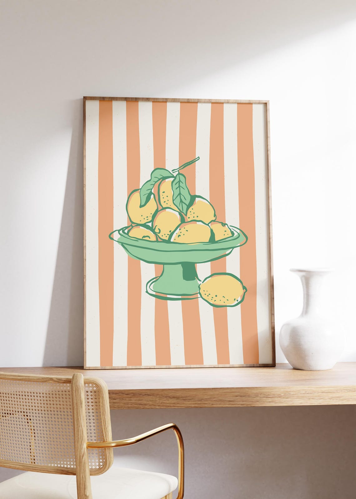 Sunny Retro Lemons in Green Bowl on Orange Stripes Kitchen Poster - Image 2