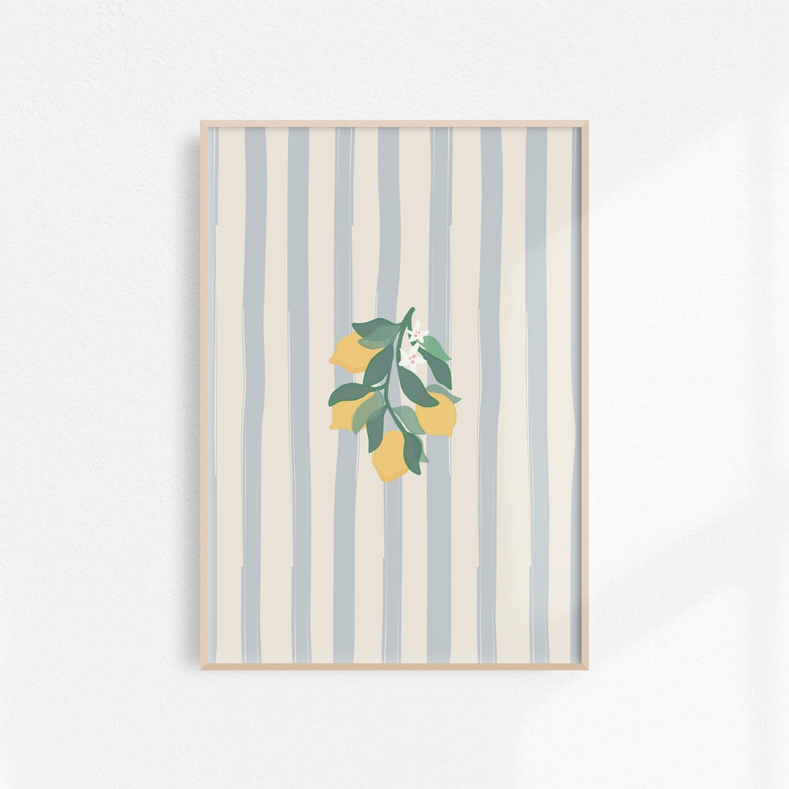 Striped Lemon Print Kitchen Wall Art Grandmillennial Decor Lemon Poster Striped Kitchen Decor Watercolor Fruit Print Cream Blue Decor