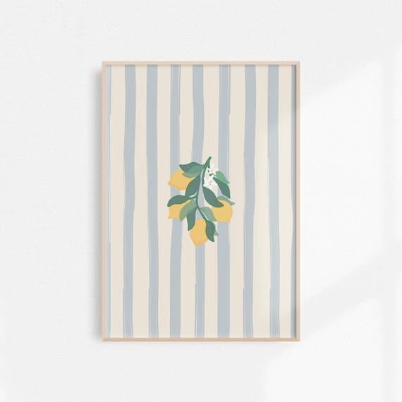 Striped Lemon Print Kitchen Wall Art Grandmillennial Decor Lemon Poster Striped Kitchen Decor Watercolor Fruit Print Cream Blue Decor