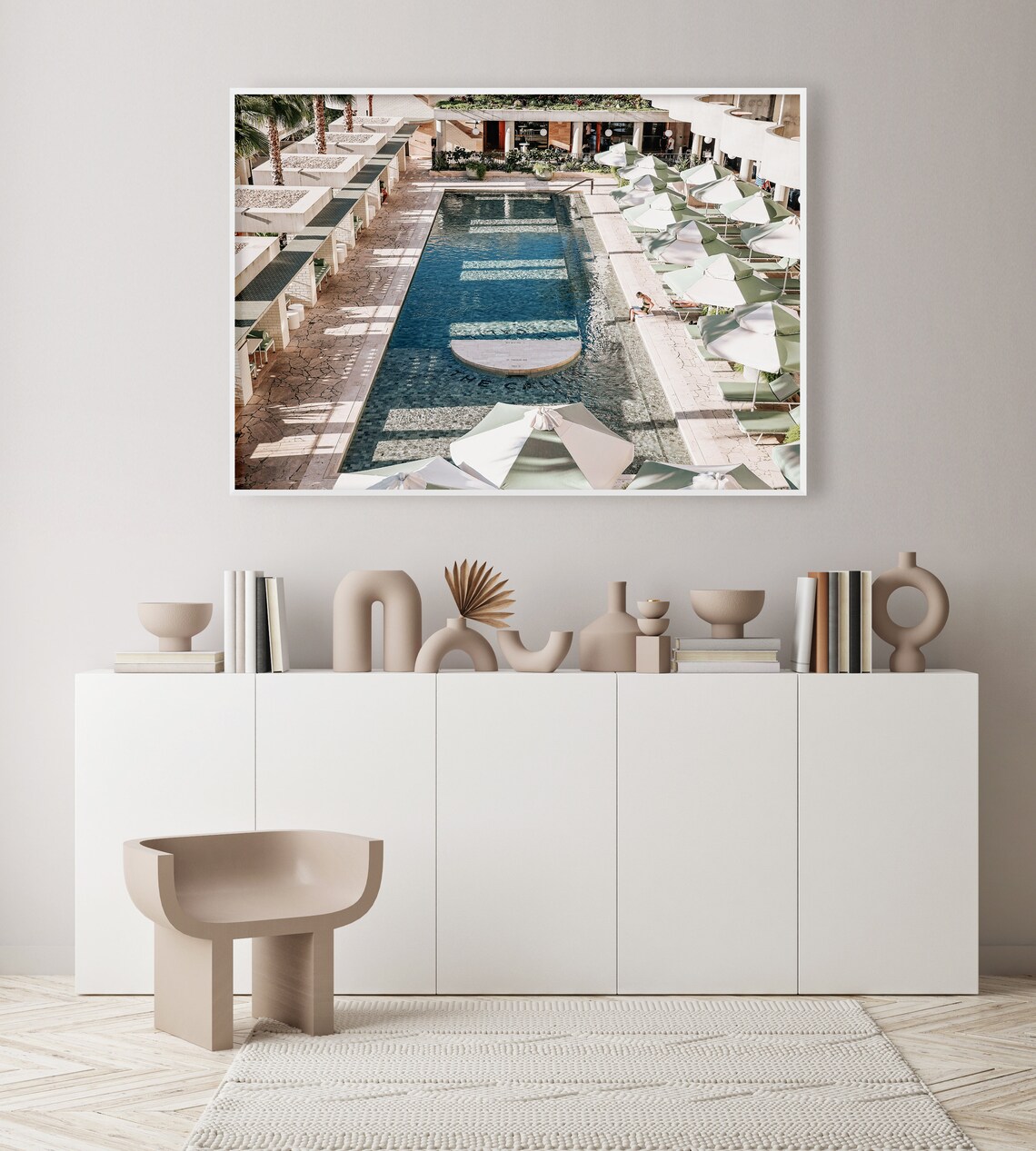 Aerial Hotel Pool with Striped Parasols Resort Courtyard Poster - Image 2
