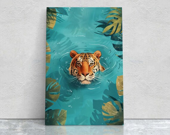 Tiger Swimming in Turquoise Jungle Water Big Cat Animal Art Poster