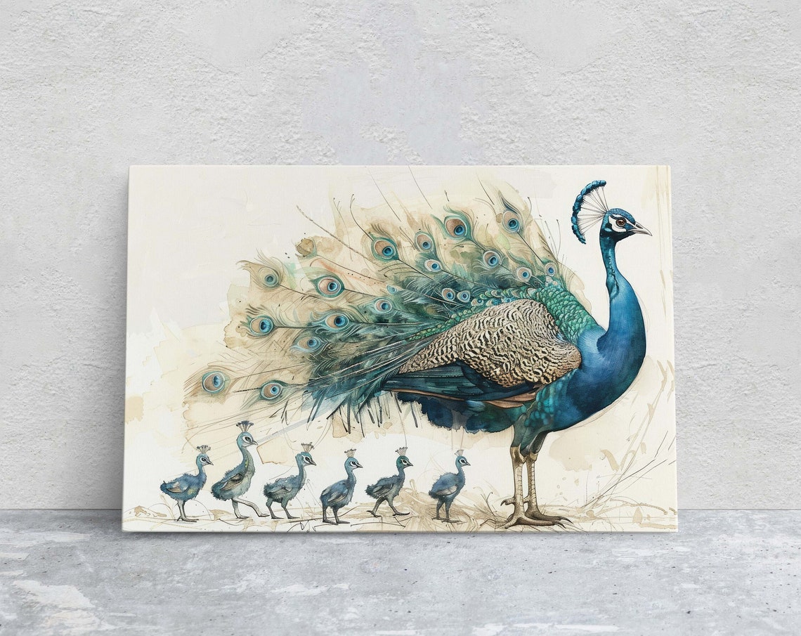 Peacock With Chicks Watercolor Elegant Neutral Bird Family Art Poster