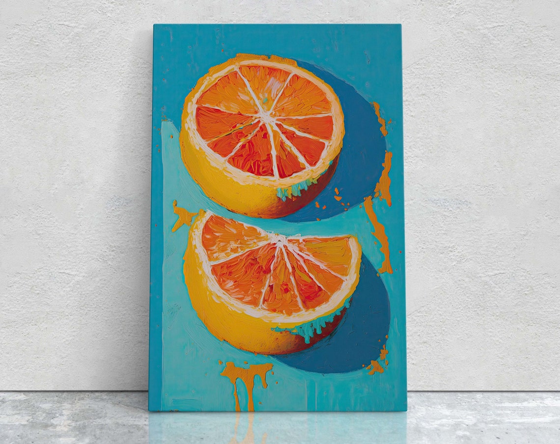 Blood Orange Slices Impasto Teal Background Citrus Kitchen Art Poster