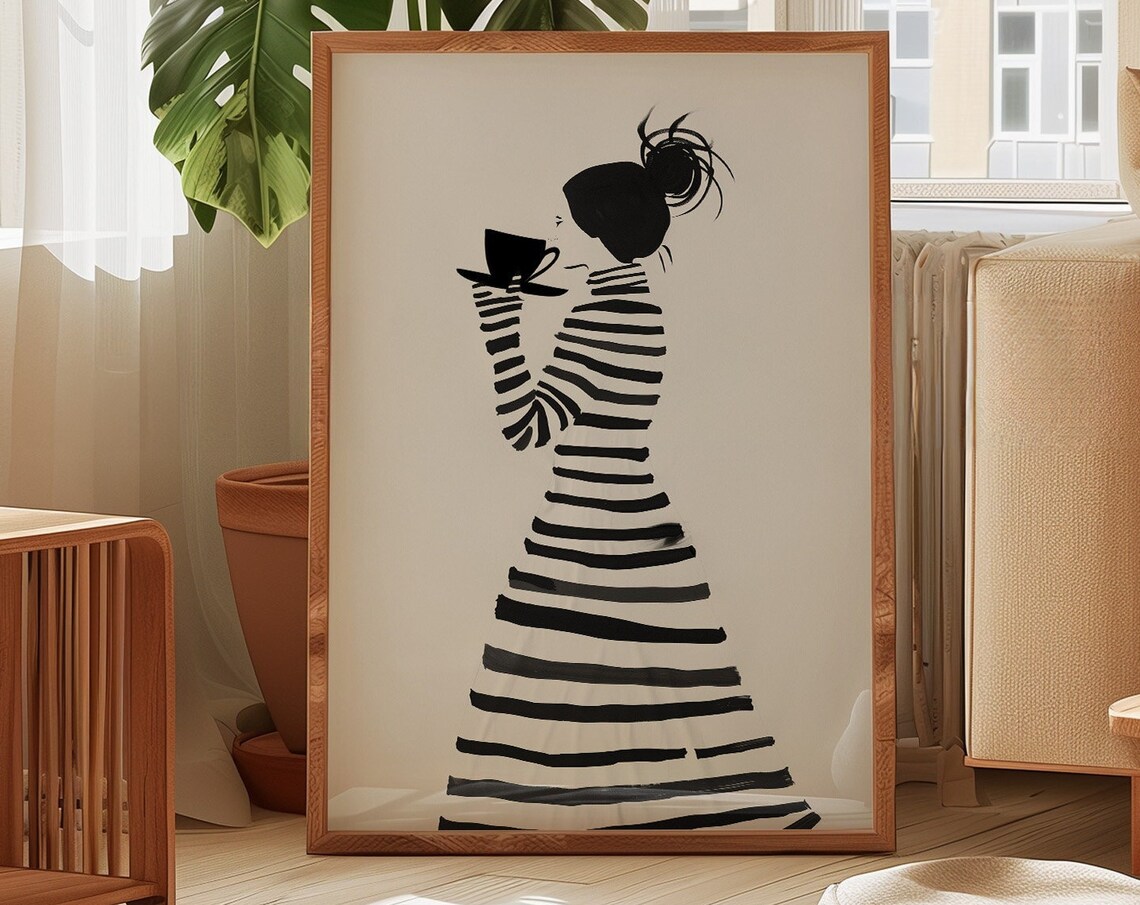 Striped Dress Woman Drinking Coffee Minimal Line Art Morning Poster