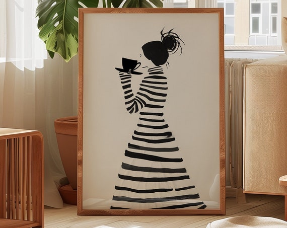 Abstract People Large Wall Art Contemporary Artwork Tea Coffee Lover Minimalist Print Kitchen Wall Art Woman With Cup Print