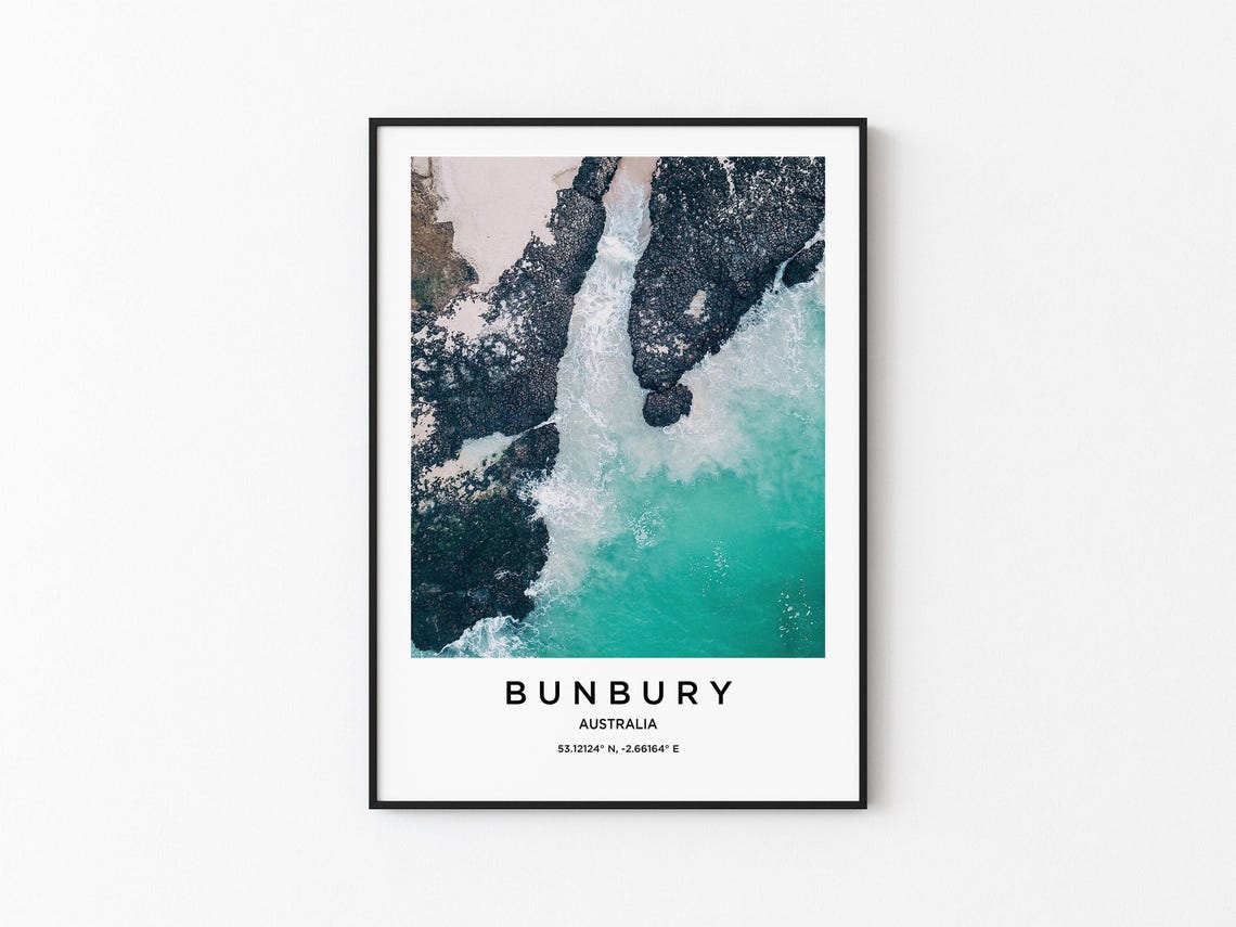 Bunbury Australia Aerial Turquoise Waves Crashing on Dark Rocks Poster