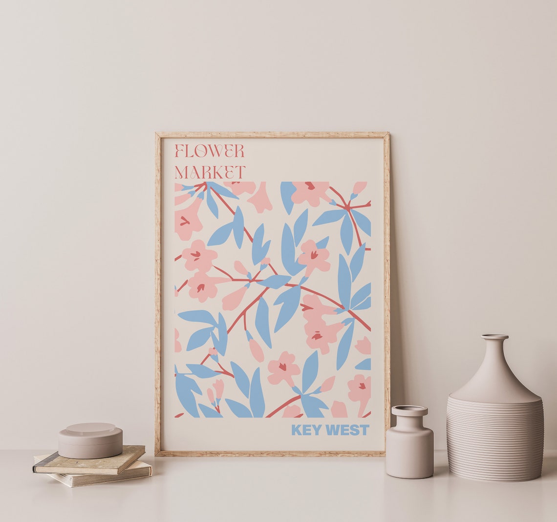 Key West Breezy Pink Blossom Blue Leaf Flower Market Art Poster - Image 2