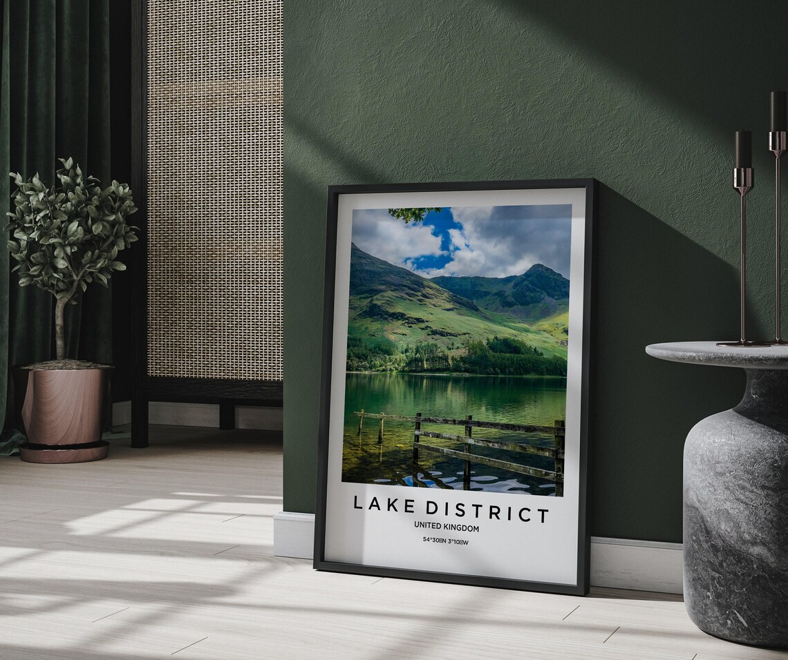 Lake District UK Wooden Fence Lakeshore Mountain View Poster - Image 2