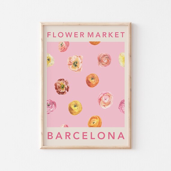 Flower Market Barcelona Ranunculus Blossom Pink Travel Poster
