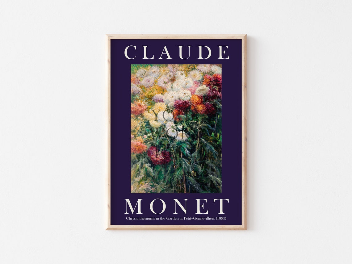 Claude Monet Chrysanthemums in the Garden Navy Border Poster - Image 3