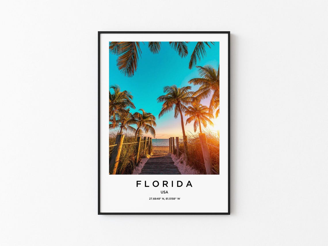 Florida Beach Boardwalk Palm Trees Golden Sunset Travel Poster