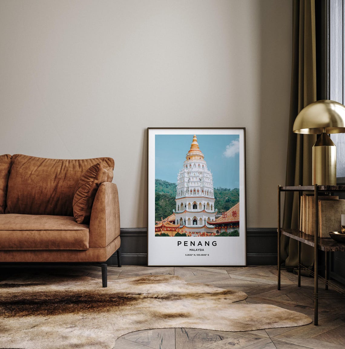 Penang Malaysia White and Gold Tiered Temple Pagoda Landmark Poster - Image 3