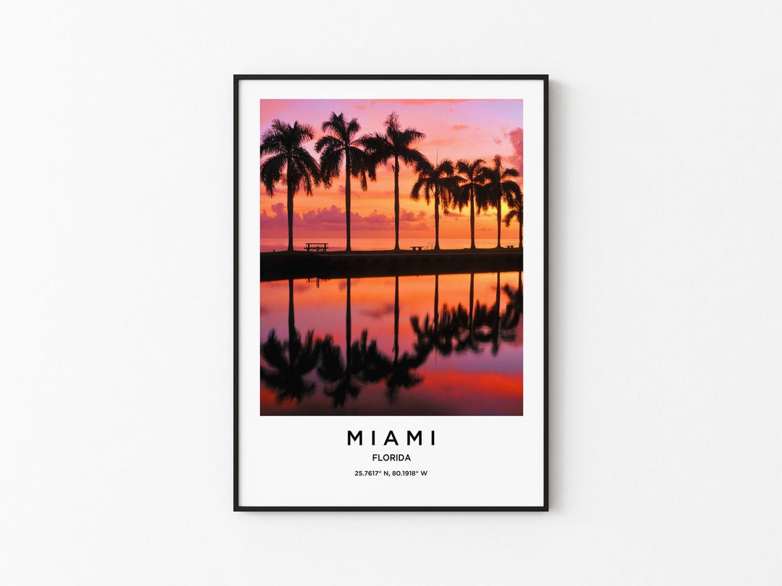 Miami Florida Palm Silhouette Sunset Mirror Water Dusk Poster