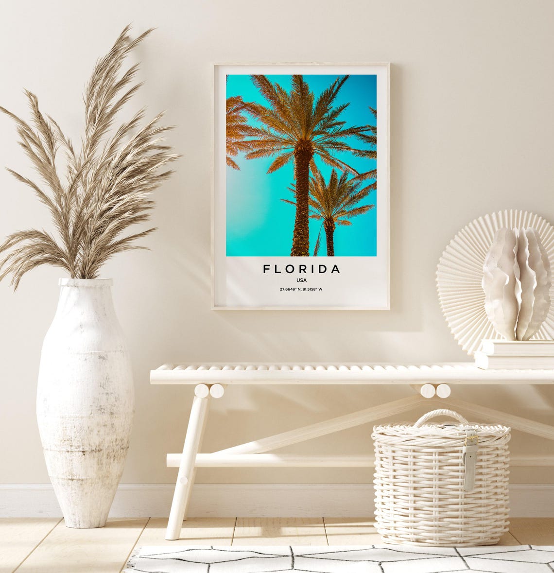 Florida Tropical Palm Trees Against Bright Blue Summer Sky Poster - Image 3