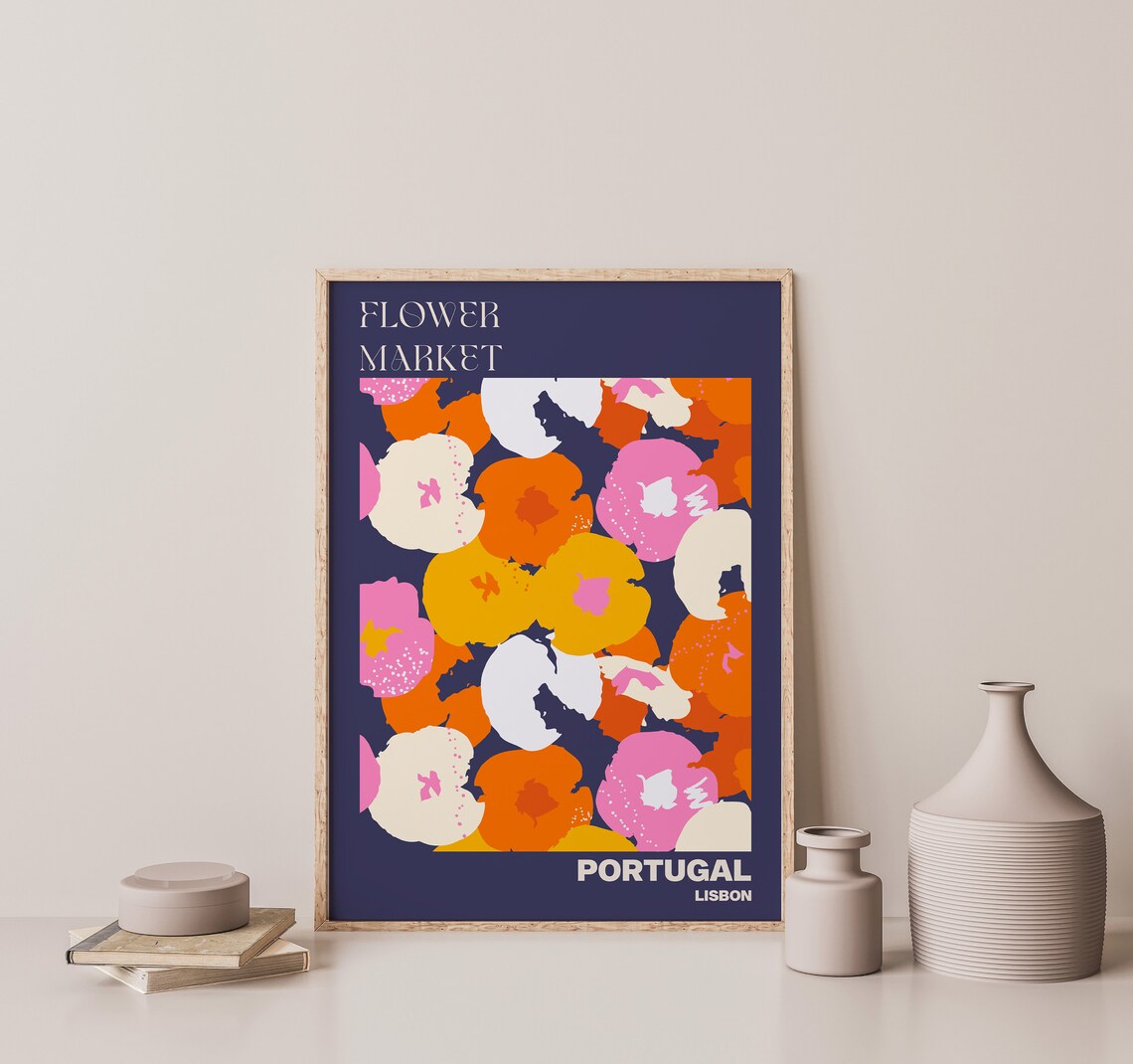 Lisbon Portugal Flower Market Bold Orange Pink Poppy Art Poster - Image 2