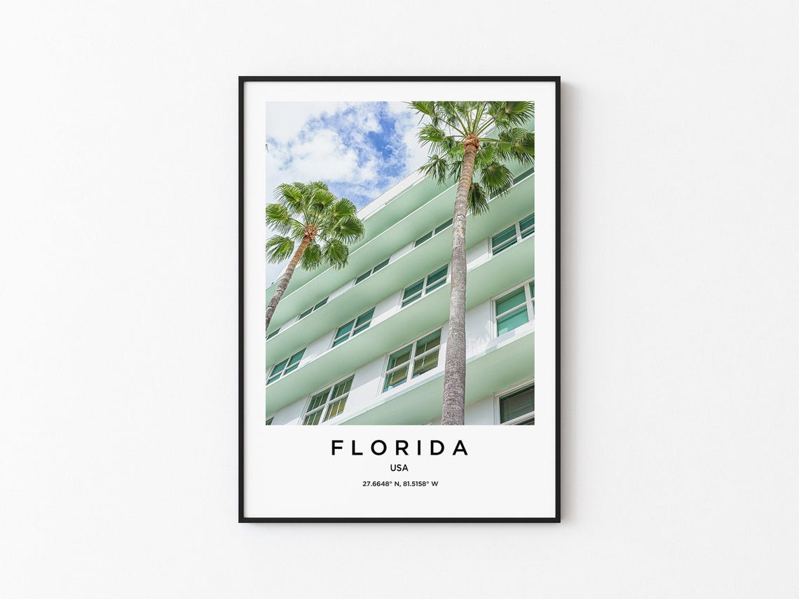 Florida Mint Green Art Deco Building Palm Trees Low Angle Wall Art