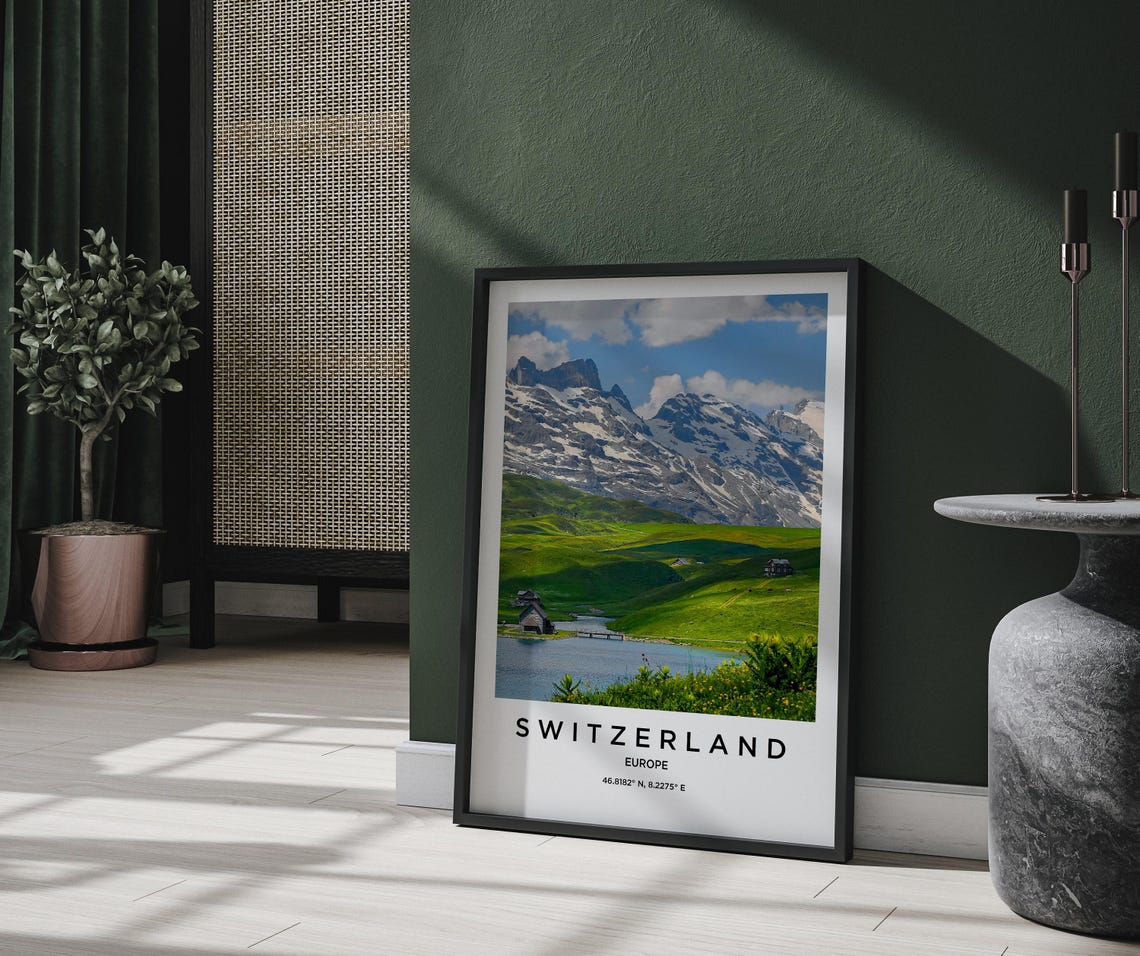 Switzerland Alpine Lake Snowy Peaks Green Meadows Chalet Poster - Image 2