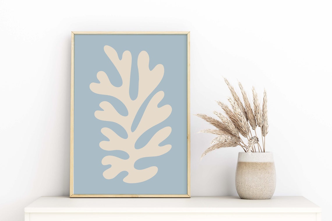 Matisse Inspired Cream Coral Cut Out Abstract Pastel Blue Wall Art - Image 2