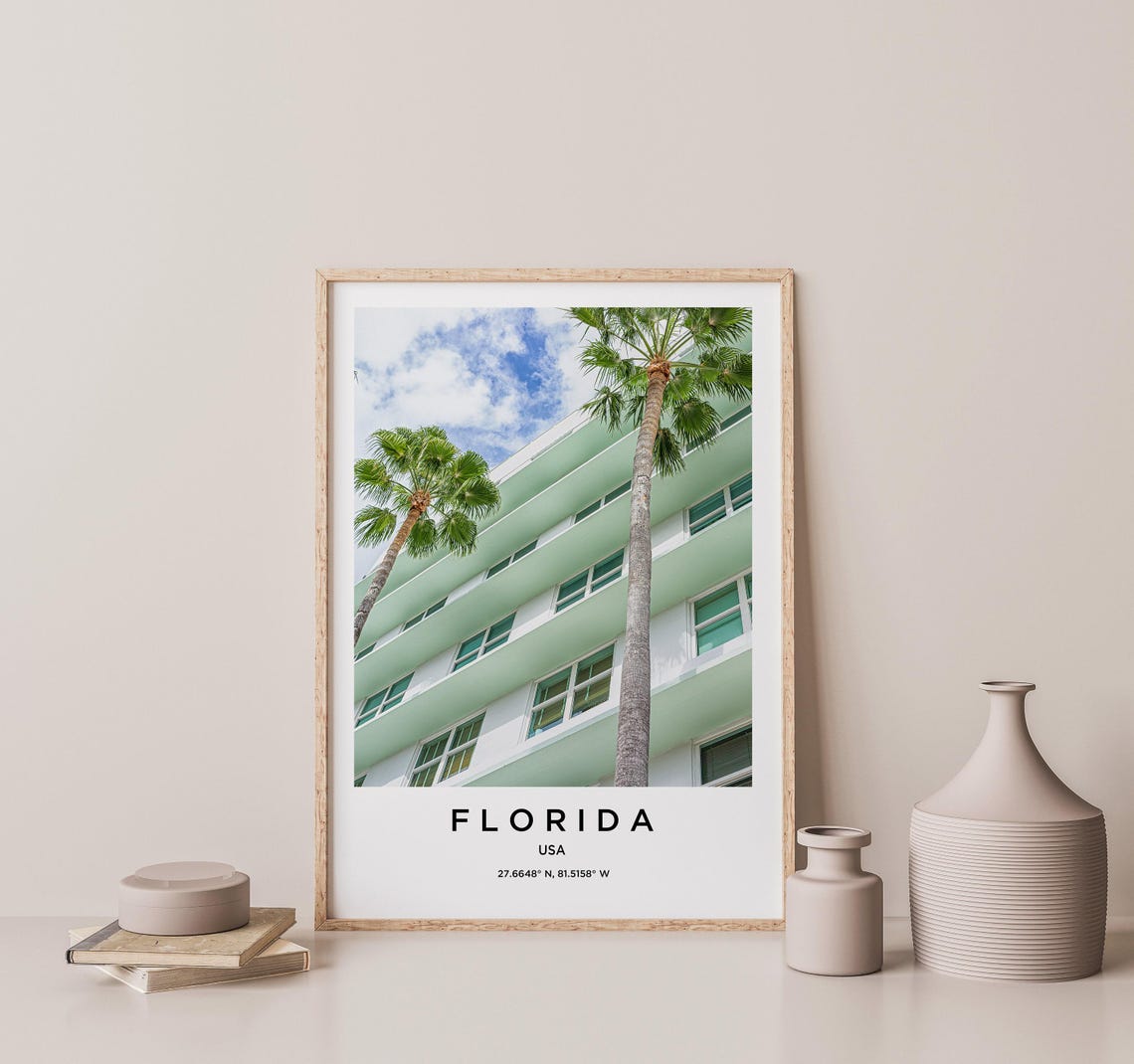 Florida Mint Green Art Deco Building Palm Trees Low Angle Wall Art - Image 2