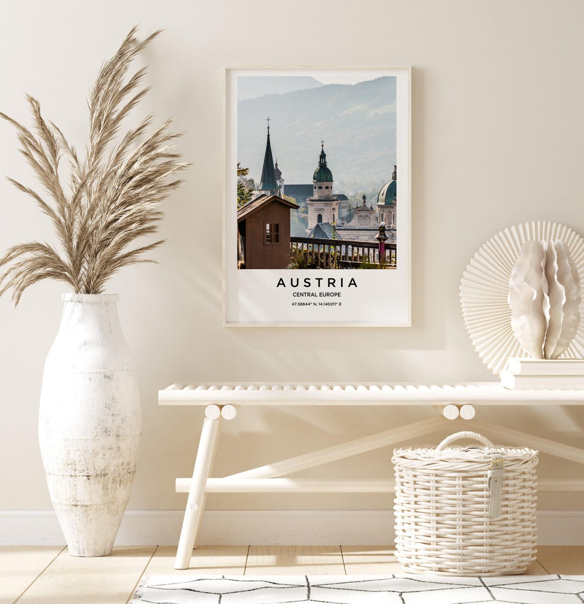 Austria Alpine Old Town Church Spires Mountain Valley View Poster - Image 3