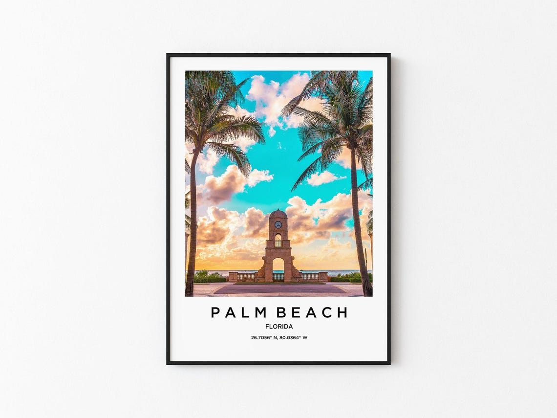 Palm Beach Florida Clock Tower Palm Trees Sunset Travel Poster