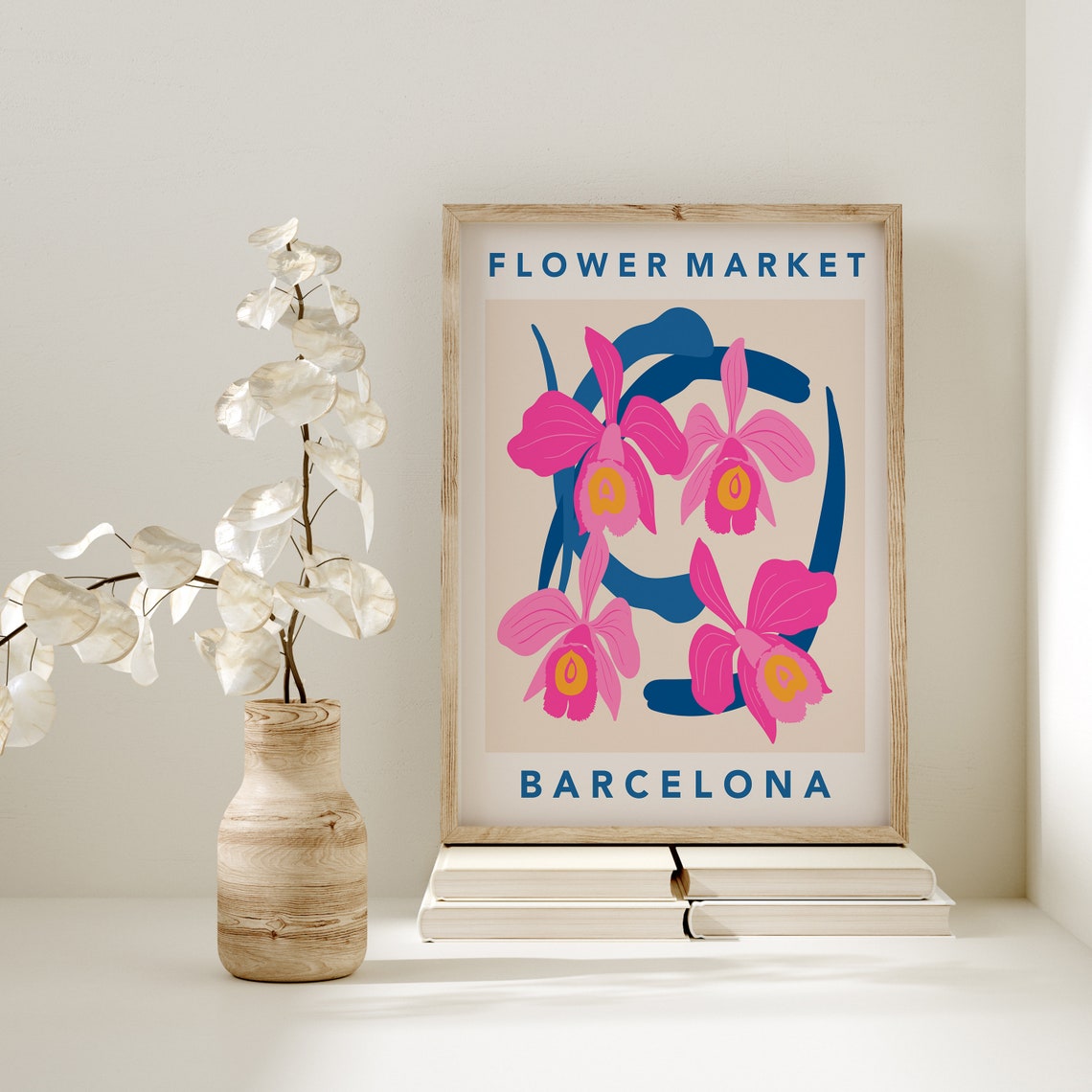 Barcelona Flower Market Pink Orchids Navy Blue Botanical Poster - Image 3