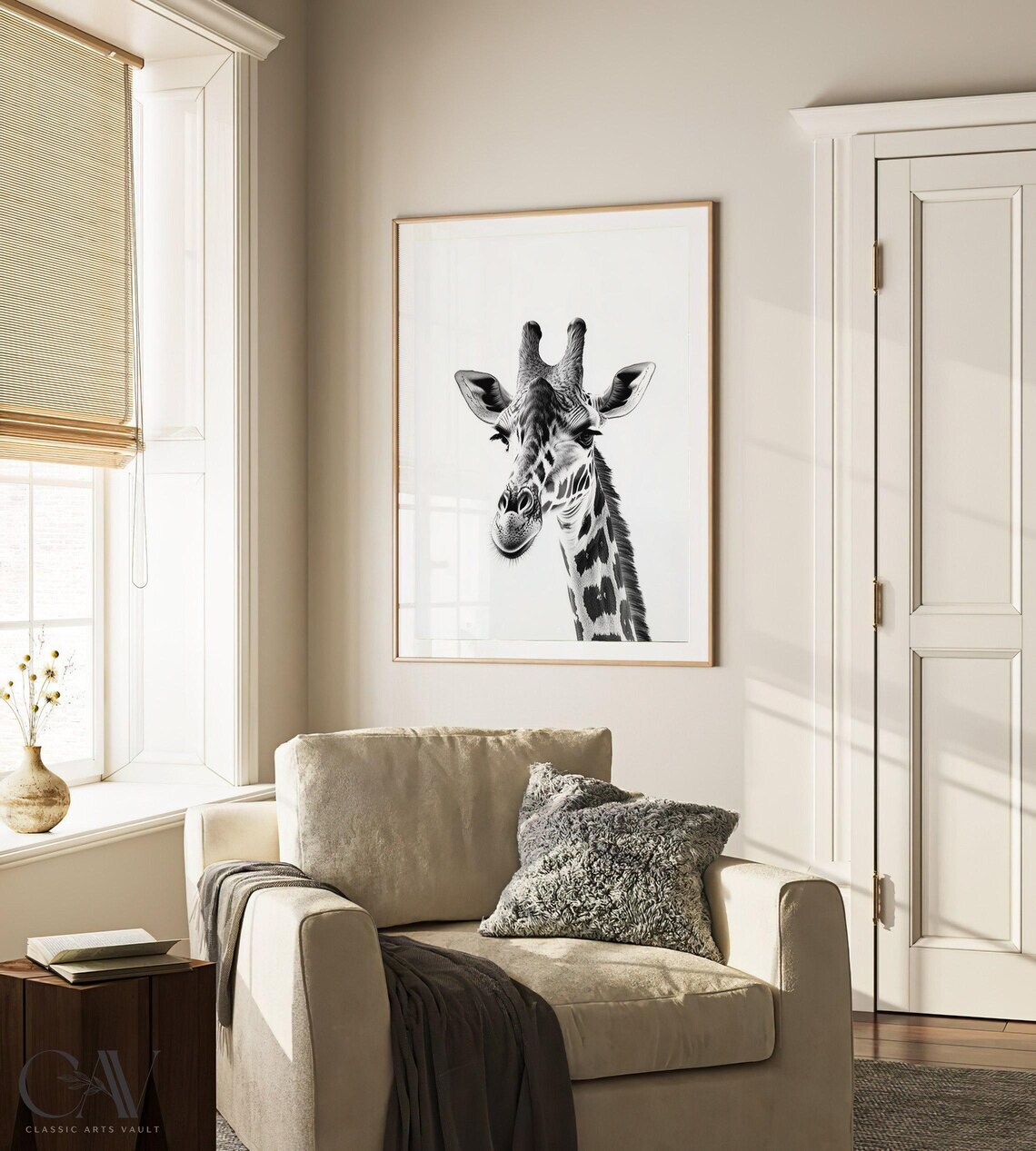 Giraffe Head Portrait in Black and White Minimalist Elegant Animal Poster - Image 2