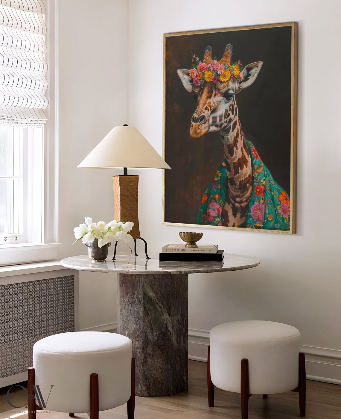 Giraffe with Flower Crown and Floral Shawl Dark Portrait Poster - Image 4