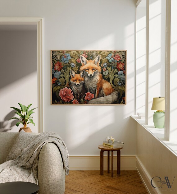 Red Fox Pair Among Blooming Flowers Morris Style Animal Poster
