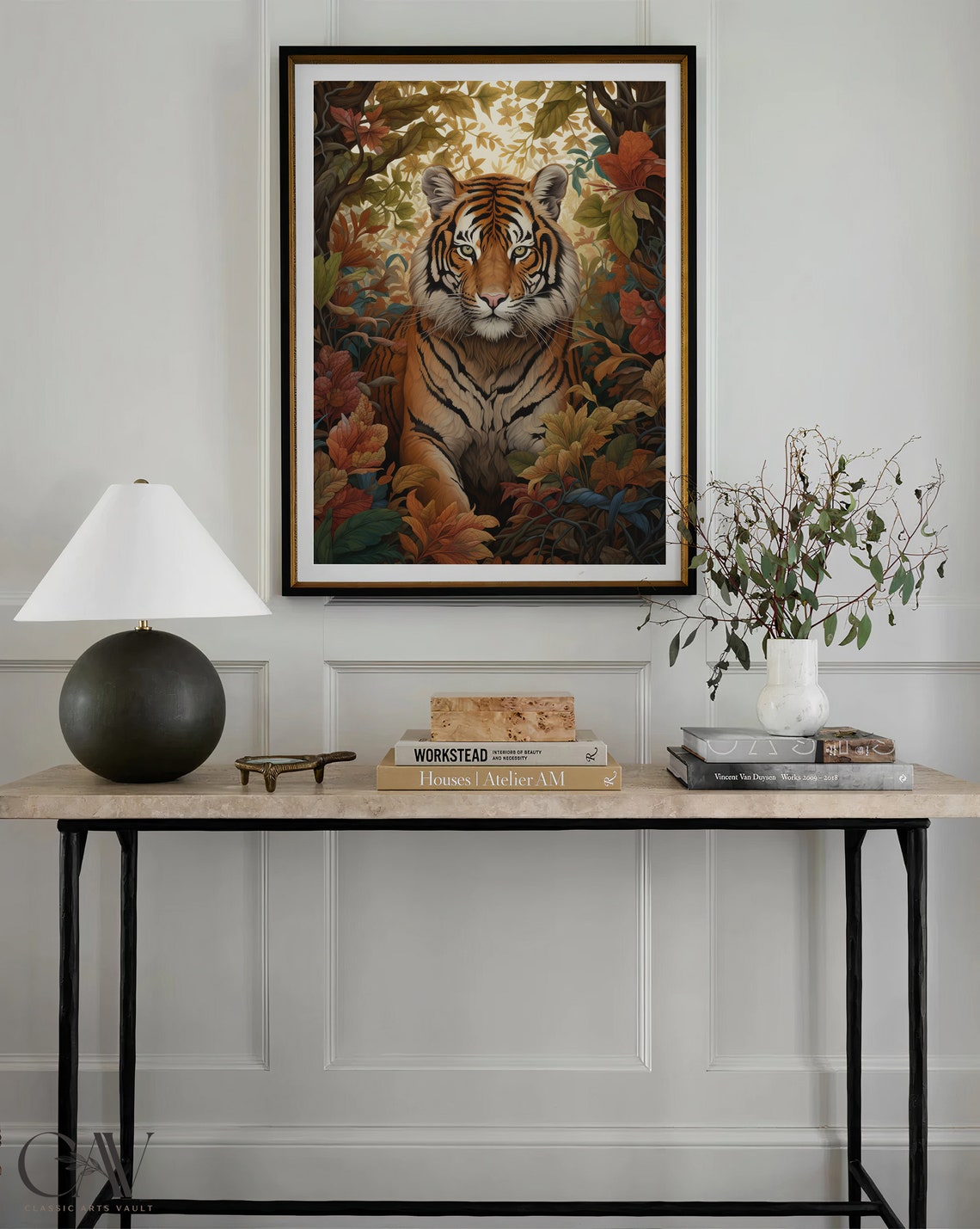 Tiger Portrait In Autumn Foliage Dark Moody Gold Frame Style Poster - Image 3