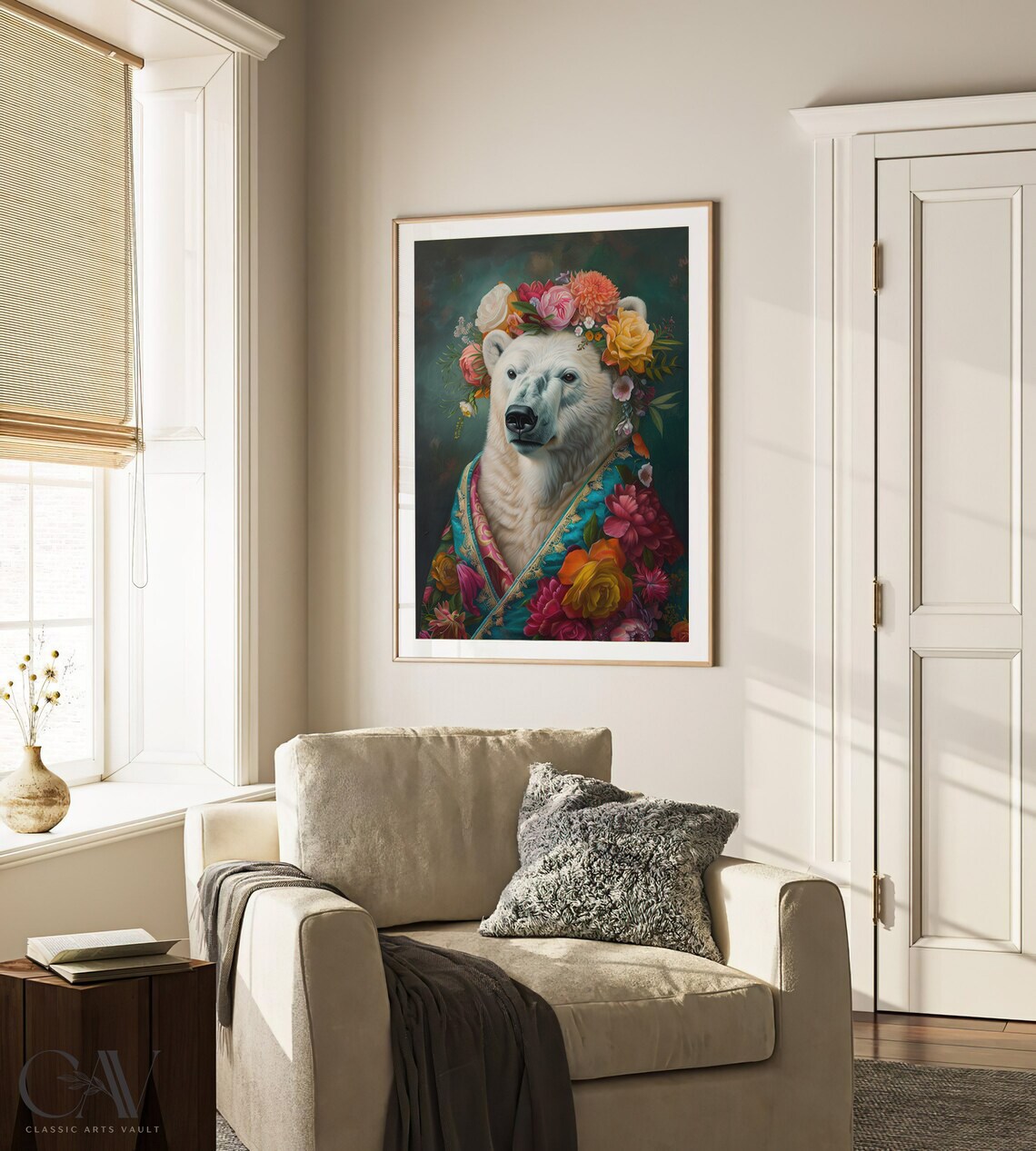 Sweet Polar Bear Flower Crown Portrait Floral Teal Cape Wall Art - Image 3
