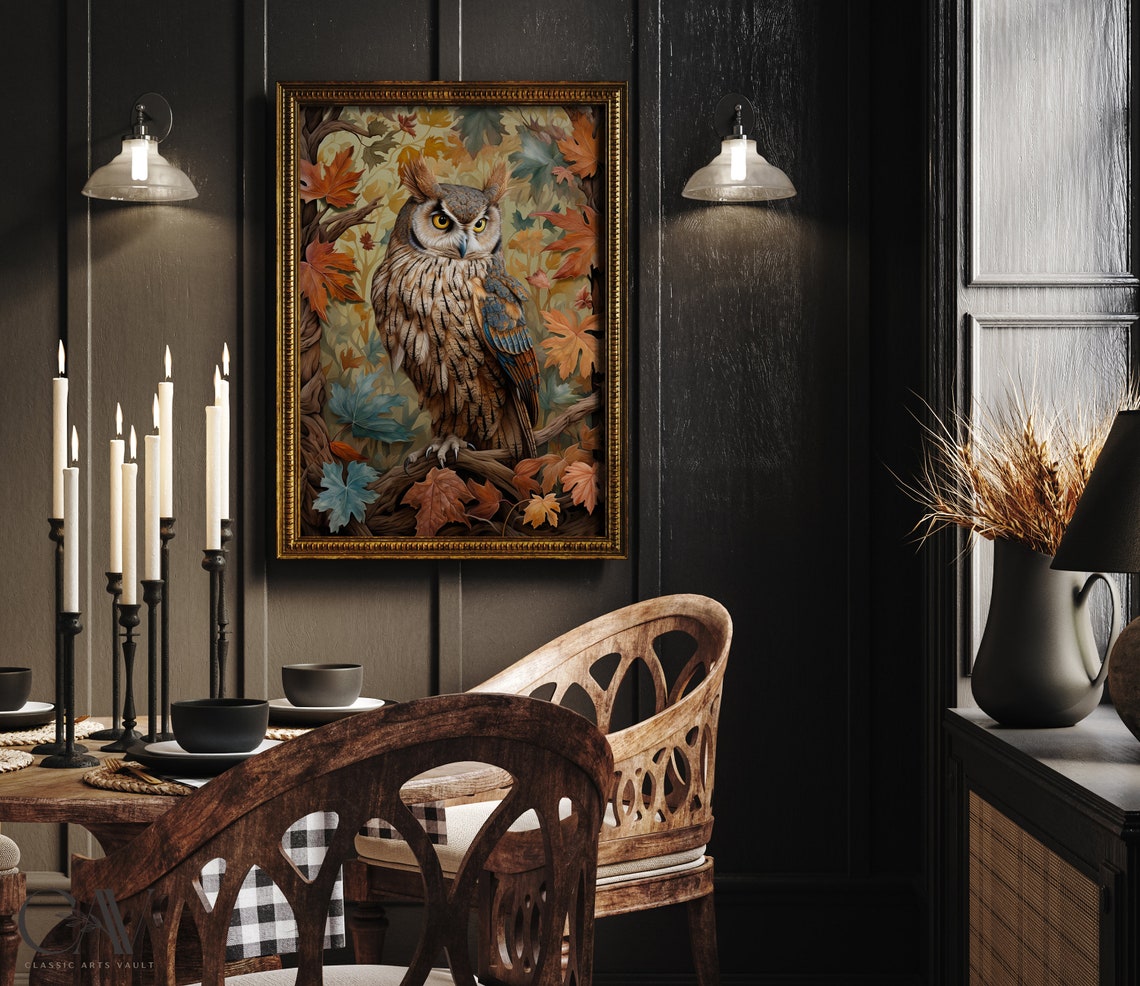 Owl Perched on Branch Among Autumn Leaves Fall Woodland Poster - Image 2