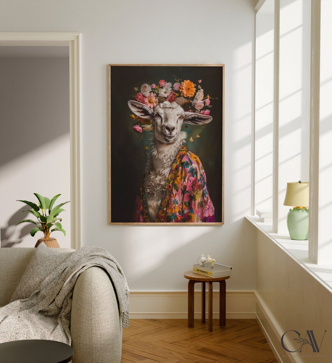 Goat in Flower Crown and Pink Floral Robe Maximalist Art Print - Image 3