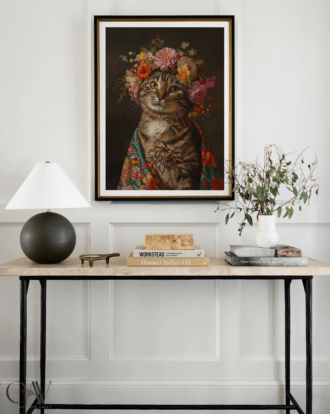 Tabby Cat with Flower Crown and Colorful Floral Robe Art Print - Image 4