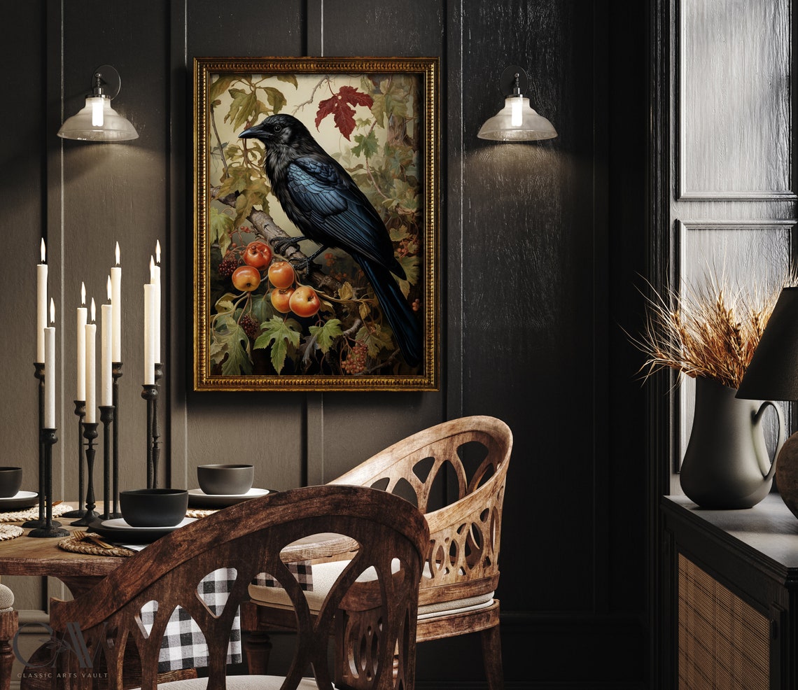 Black Crow on Autumn Branch with Fruit Vintage Botanical Poster - Image 2