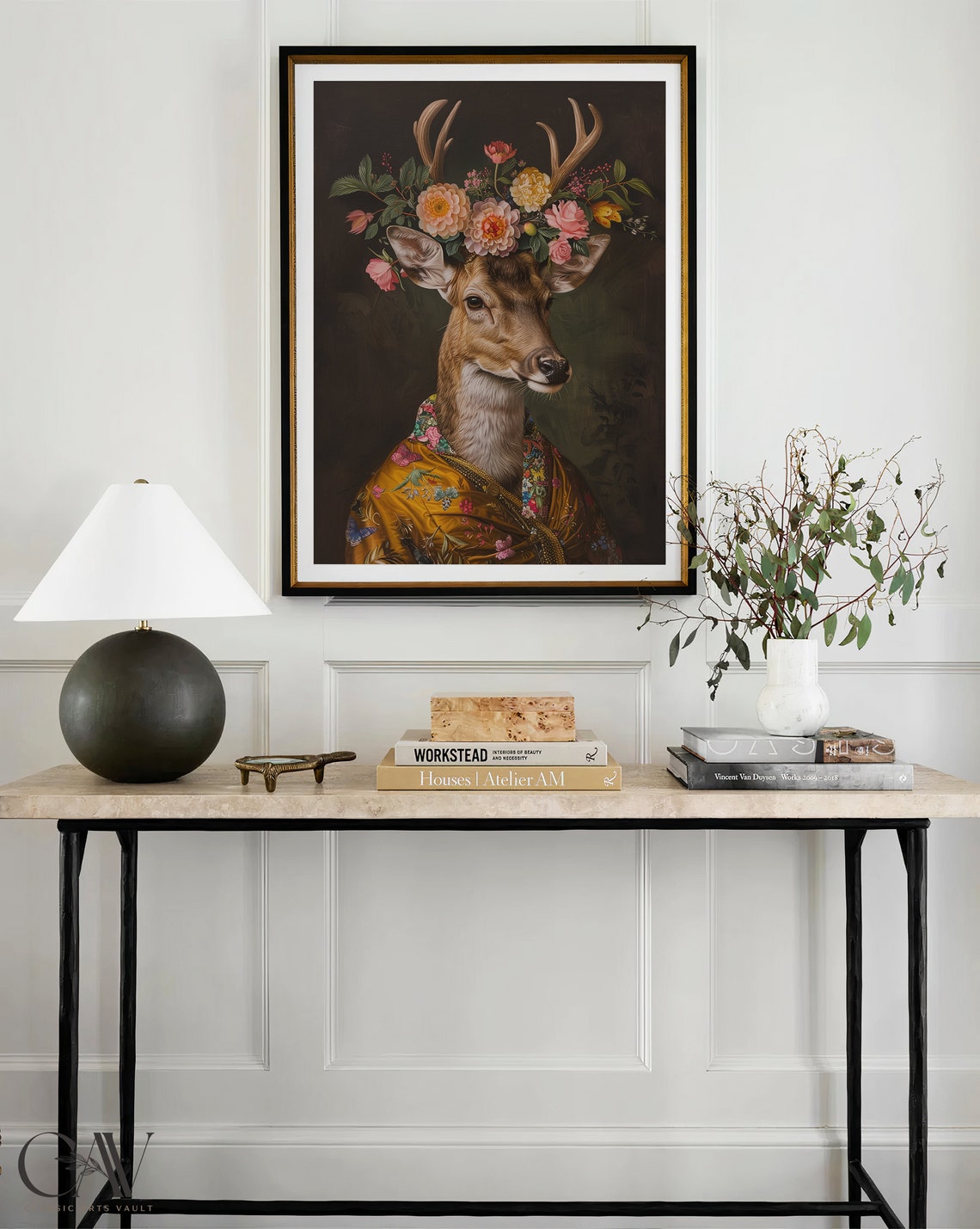 Deer Flower Crown Portrait Antlered Stag Floral Cape Wall Art - Image 4