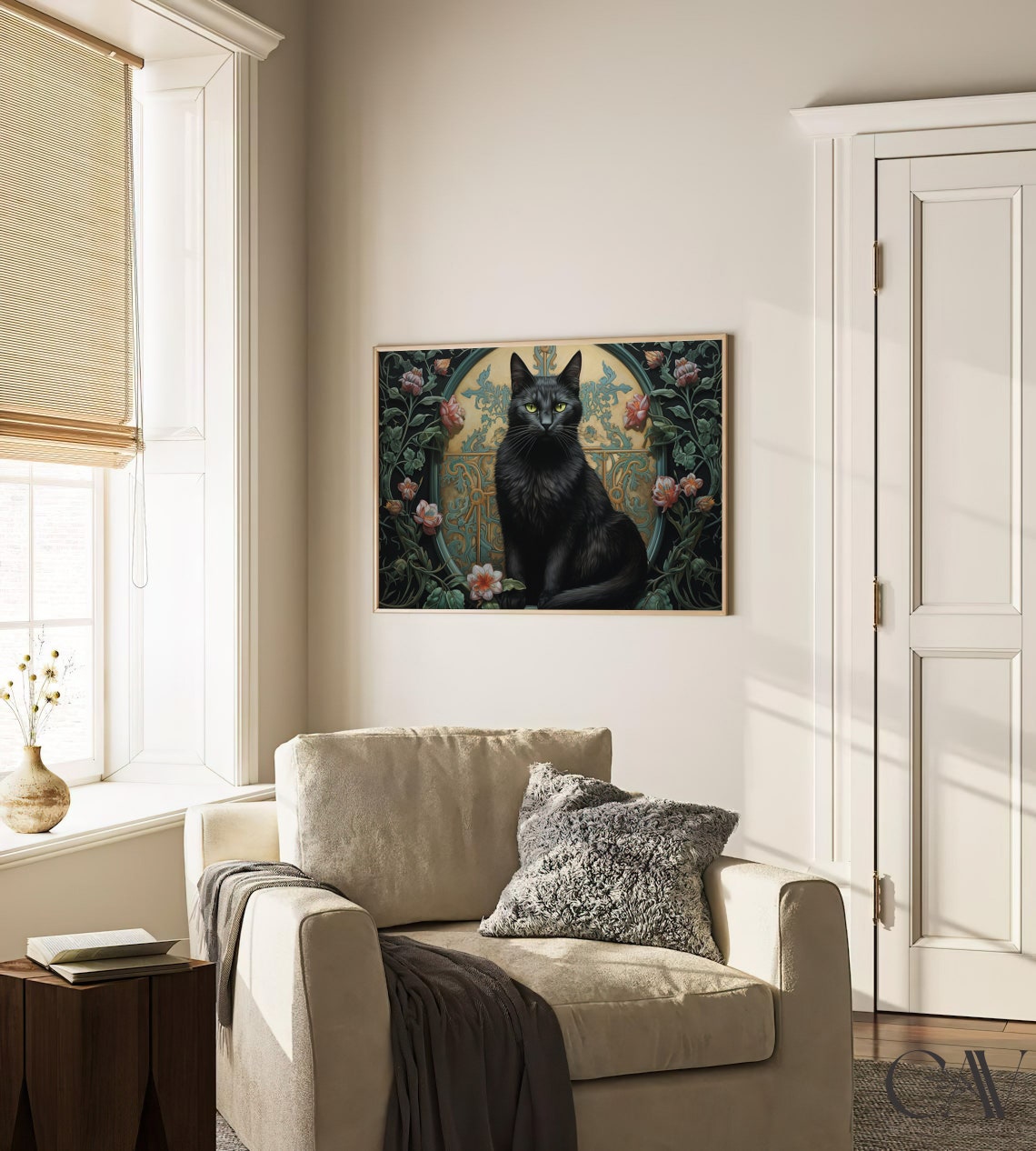 Black Cat Before Golden Arched Doorway with Ivy Flowers Poster - Image 3