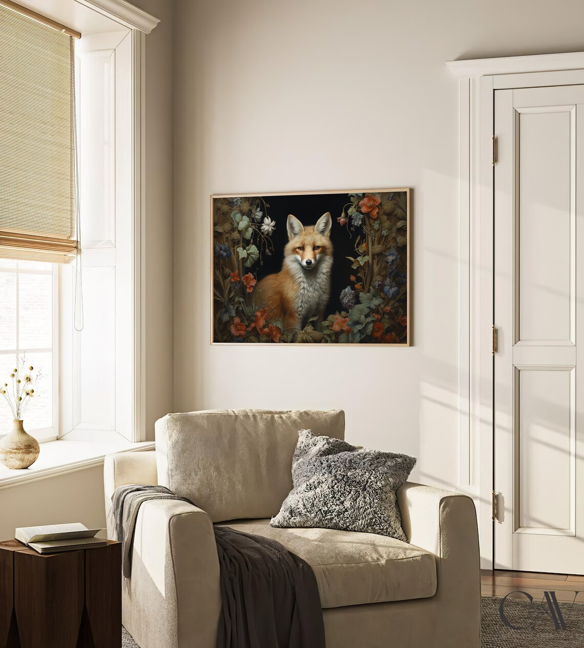 Red Fox Portrait Framed by Dark Floral Blooms on Black Poster - Image 2