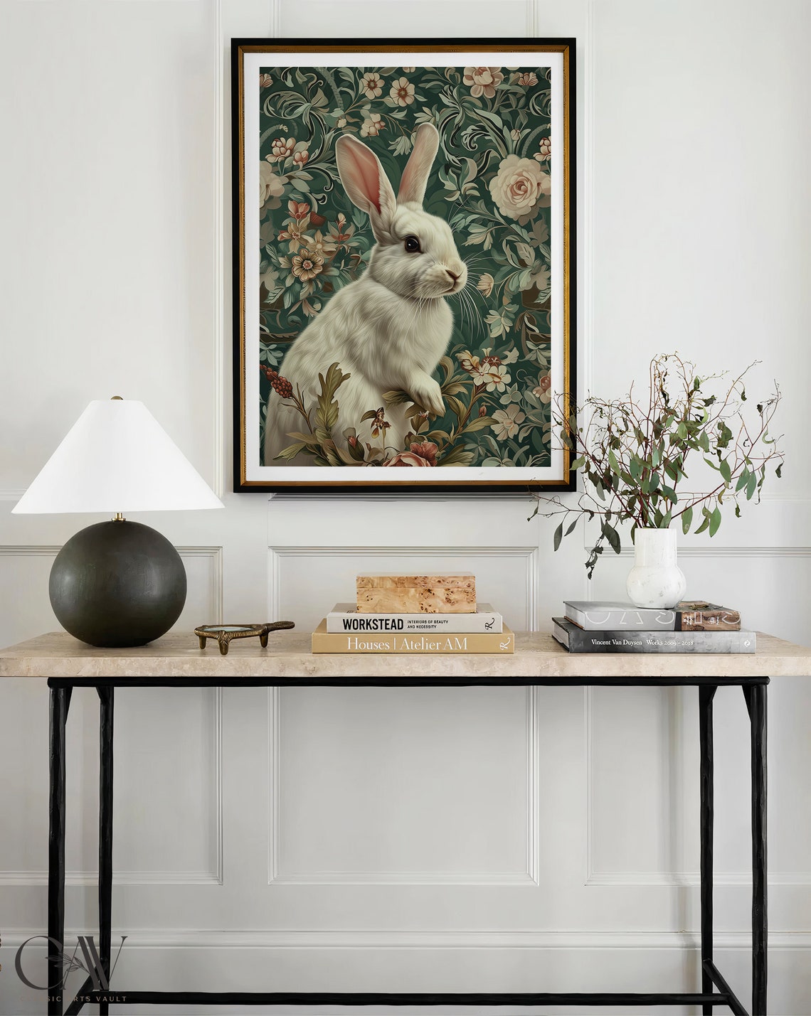 Sweet White Rabbit Portrait on Dark Green Floral Damask Poster - Image 3