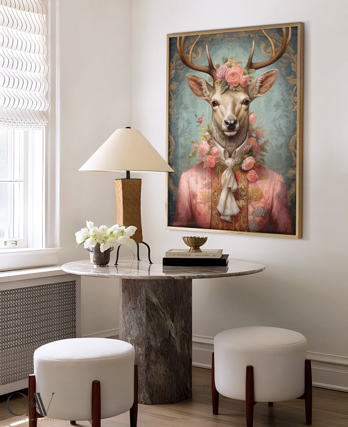 Deer with Flower Crown in Pink Rococo Brocade Coat Royal Portrait Poster - Image 3