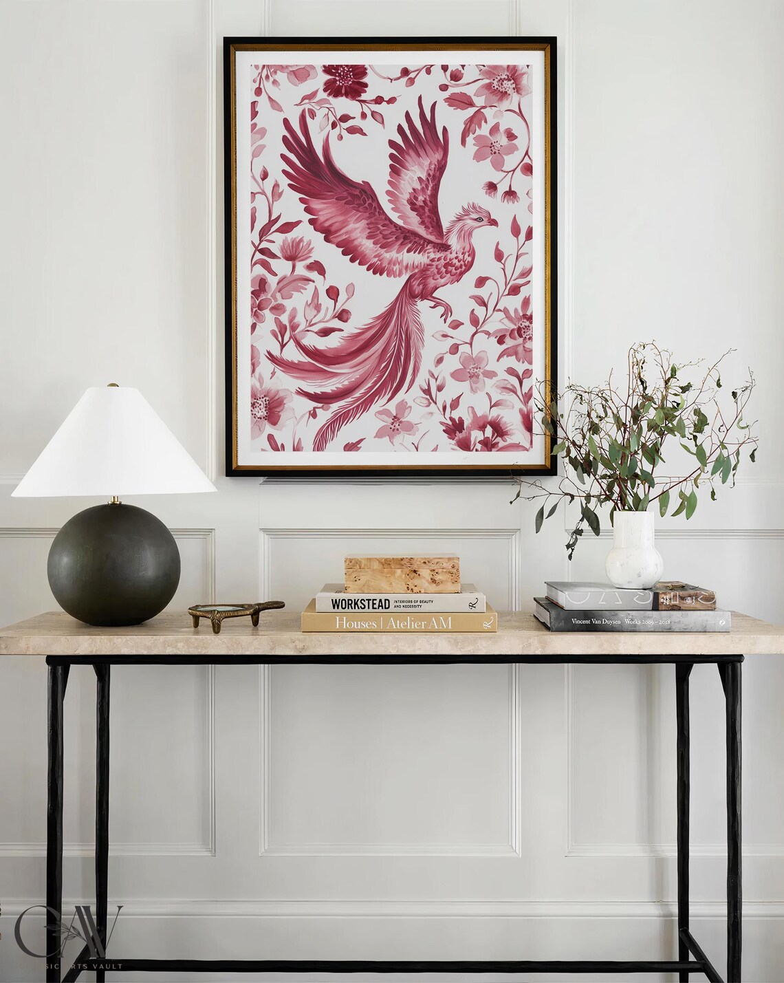 Elegant Crimson Phoenix Rising Among Flowers Watercolor Poster - Image 4