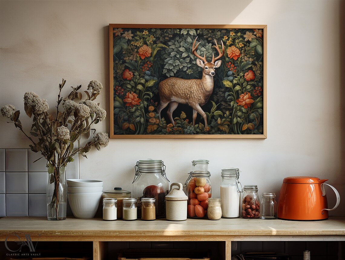 Deer Buck with Antlers Dark Millefleur Floral Tapestry Poster - Image 4