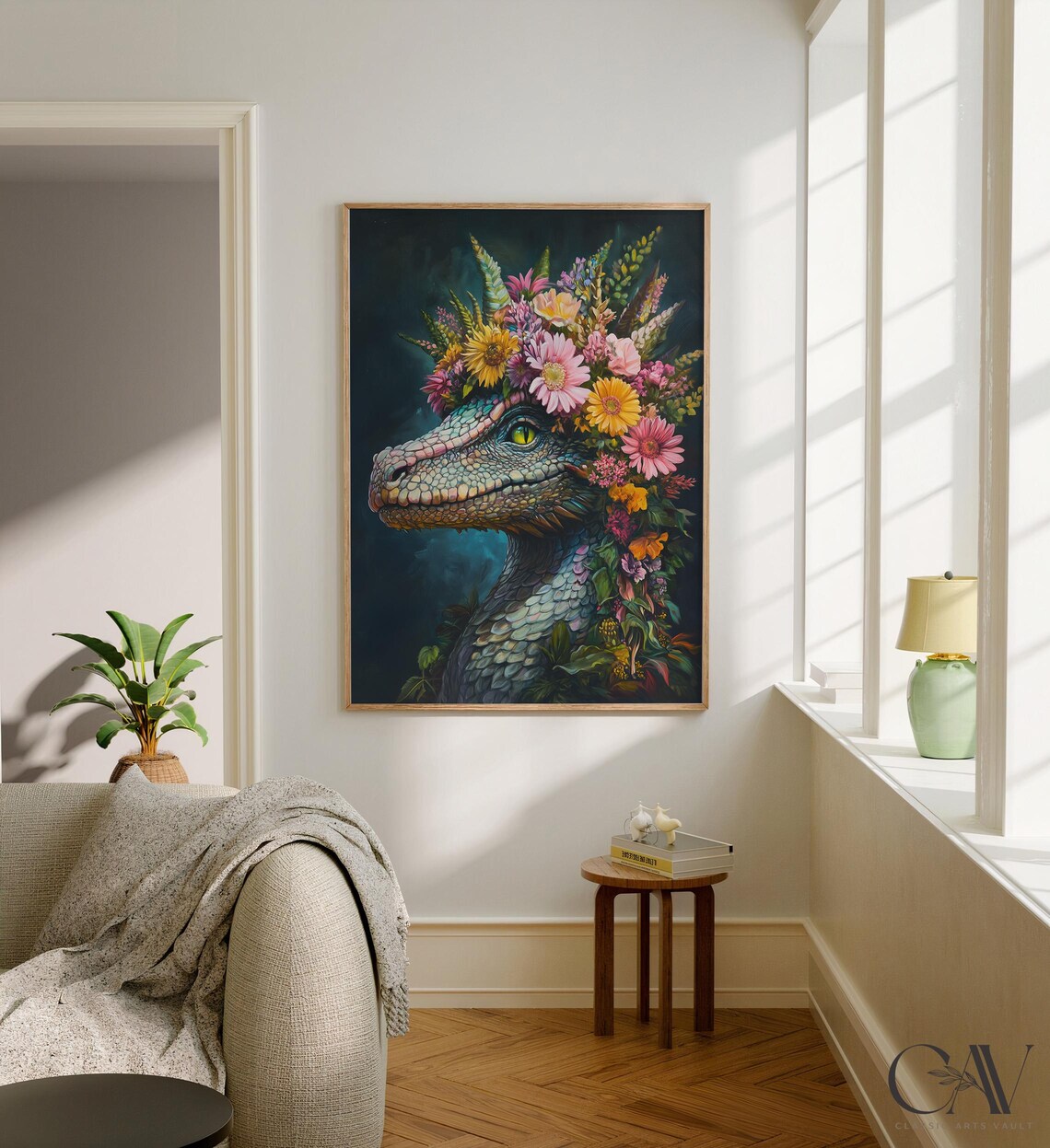 Green Dragon Portrait With Vibrant Floral Crown Fantasy Art Poster - Image 2